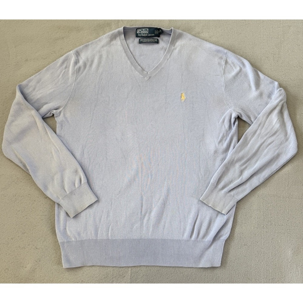 Vintage Polo Ralph Lauren V Neck Sweater Light Blue Yellow Horse Pima Cotton SM
